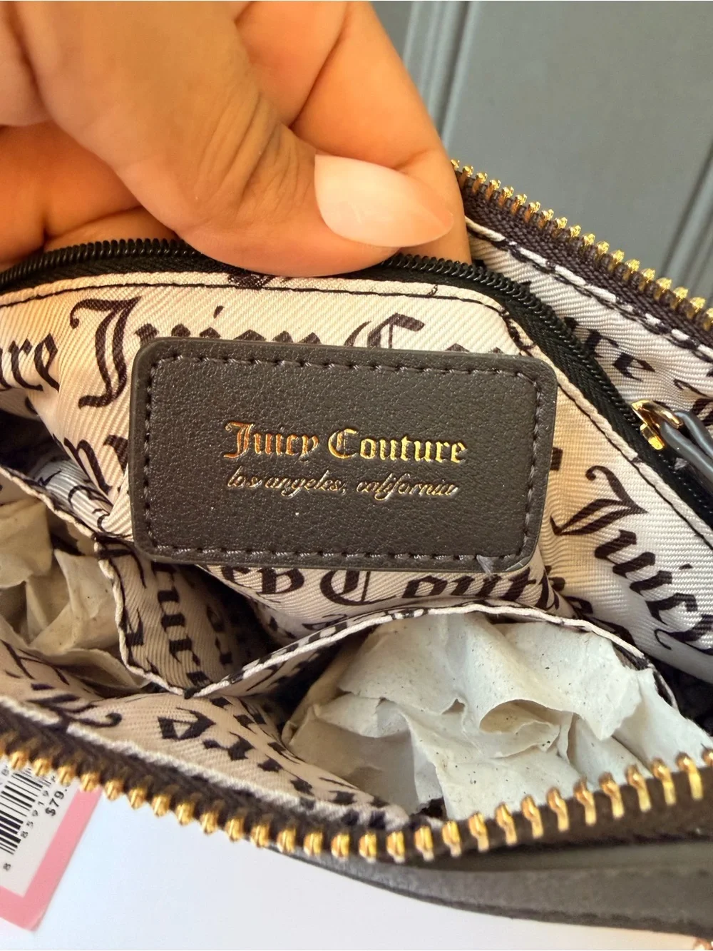 Juicy Couture Beige and Black Mini Shoulder Bag with Gold Crown Charm
